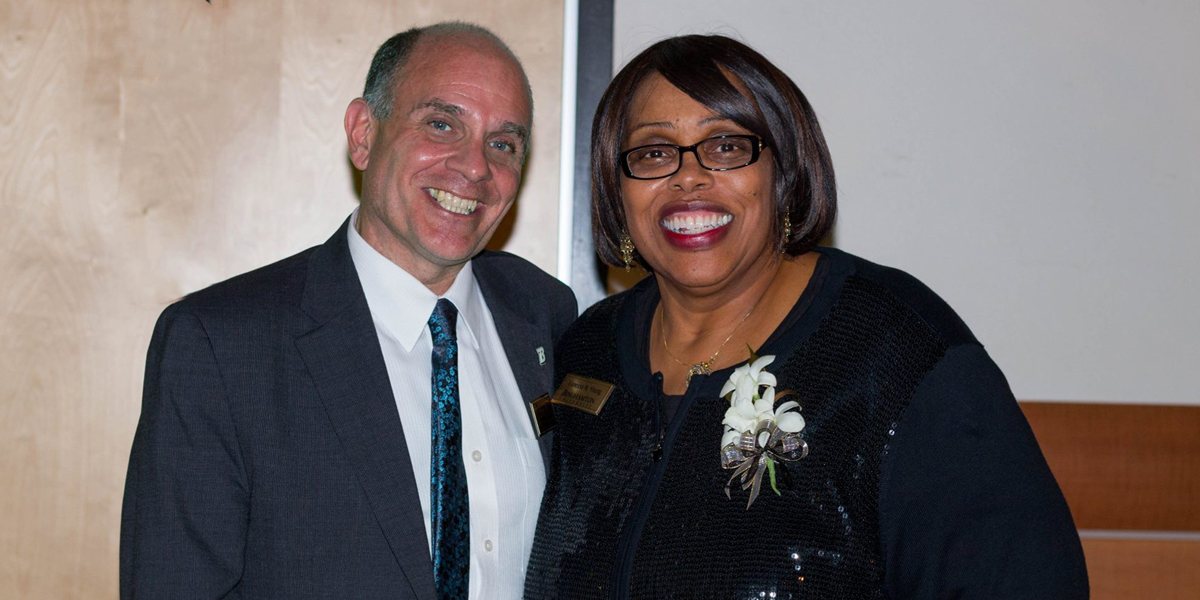 Vice President for Student Affairs Brian Rose and EOP Senior Counselor Vanessa Young at the Educational Opportunity Program 50th anniversary banquet held in the Mandela Room in the University Union during Homecoming Weekend 2018.