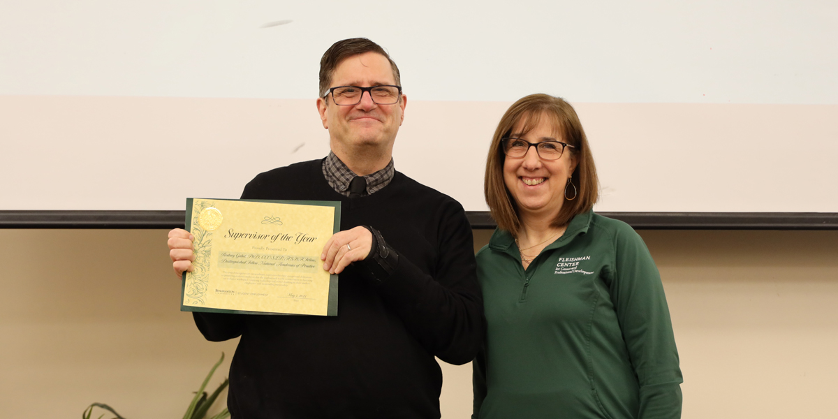 The Supervisor of the Year Award was presented to Rodney Gabel, professor in the Decker College Division of Speech and Language Pathology, by Kathie Boyce, assistant director of student employment, during the 10th annual Career Champions Breakfast.