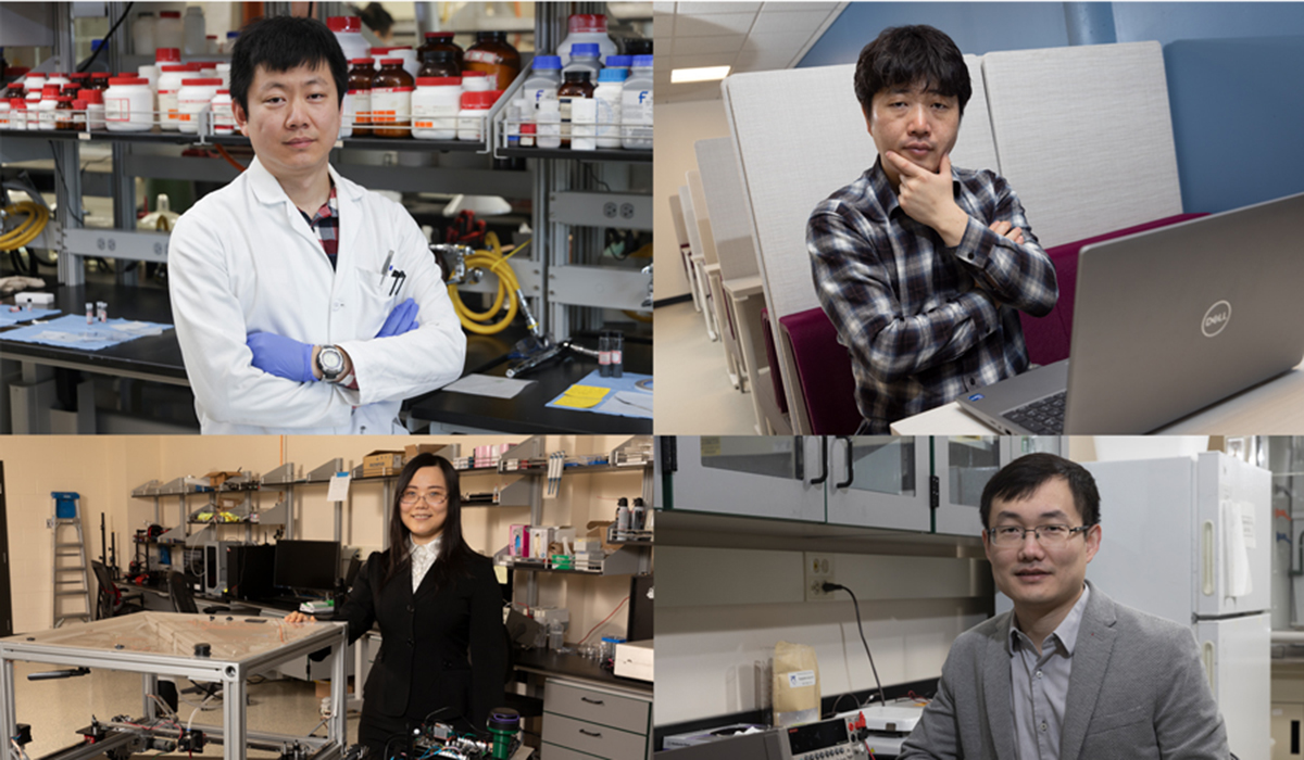 Four Binghamton faculty won CAREER Awards from the NSF this spring. They are (clockwise from top left) Hao Liu, assistant professor of chemistry; Seunghee Shin, assistant professor of computer science; Pu Zhang, assistant professor of mechanical engineering; and Kaiyan Yu, assistant professor of mechanical engineering.