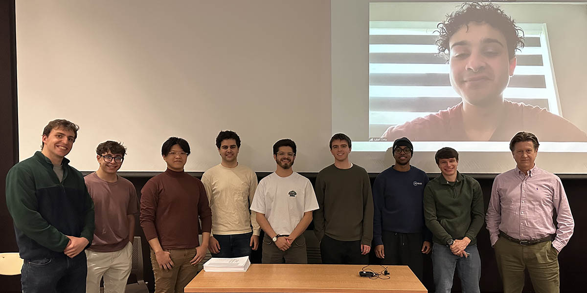 Organizers for a new class on technical recruiting at the School of Computing include, from left,  Lucas Buonopane, Nikita Safronov, Danie Zheng, Max Mazer, Nick Reyes, Jack Hunter, Jide Obioha, Clay Battle, and Lecturer George Weinschenk, with Julian Ortiz (on screen).