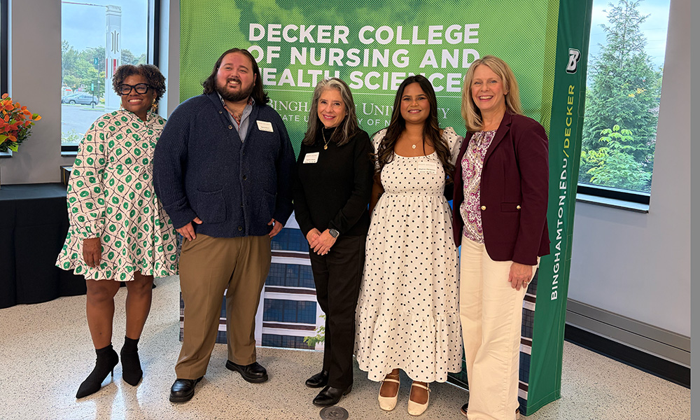Decker College Associate Dean Sharon Bryant presented the 2026 Decker College alumni awards during a brunch held during Homecoming Weekend. Pictured, from left, are Bryant and winners Max Goldfarb, Yvonne Chesna, and Meg Naraparaju. On the right is Peggy Thomas, who accepted the award on behalf of winner Kay Boland.