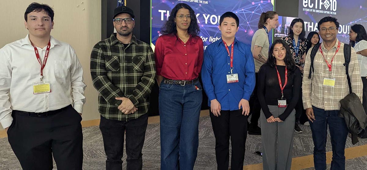 Some members of Binghamton University's eCTF competition team attended the awards ceremony at MITRE’s Bedford campus in Massachusetts earlier this spring.