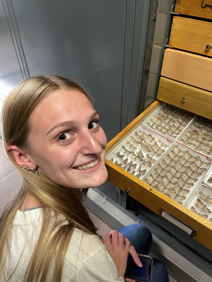 Emma Foster ’24, then an undergraduate biological sciences major, at the Cornell University Insect Collection with some of the Feltia herilis moths collected in 1919.