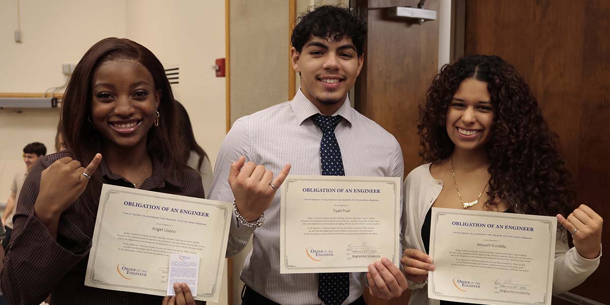 Watson College seniors Angel Okoro, Ryan Paul, and Mayerli Gordillo celebrate at the recent Order of the Engineer ceremony.