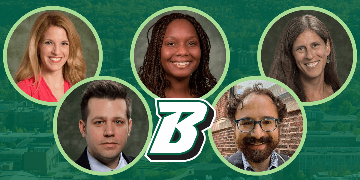 Binghamton faculty receive research excellence awards, including Melissa Hardesty, Richard Mattson, Nicole Fenty, Matthew Borus and Stacey Shipe.