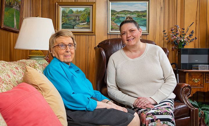 Leona C. Fiske (left), at her Binghamton-area home, discusses the sentiment behind a new scholarship she established for nursing students. With Fiske is her niece, Decker College faculty member Alma Rood.