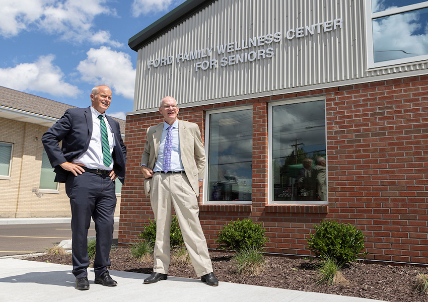 Binghamton University President Harvey Stenger (left) with David Hubbard, son of Anne Attfield Hubbard and Thomas J. Hubbard, whose gift helped fund the Ford Family Wellness Center for Seniors.