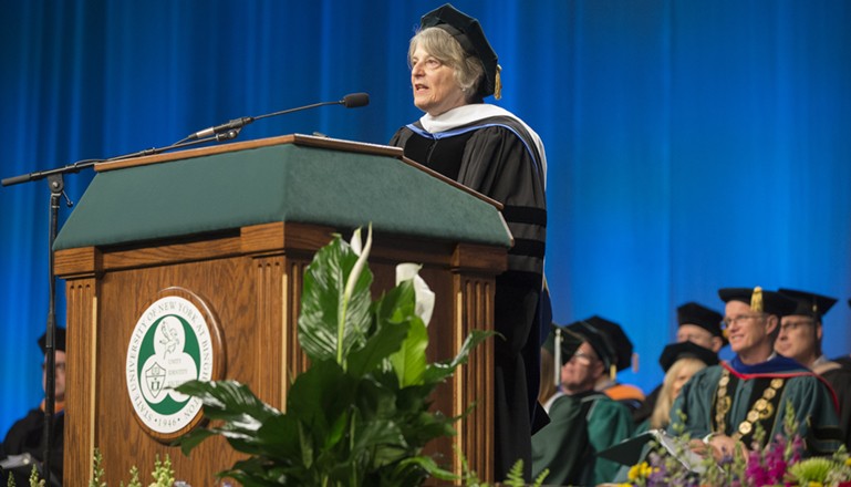 Geraldine MacDonald accepted an honorary Doctor of Letters degree during Binghamton University's commencement in 2017.