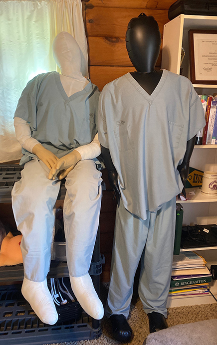 Decker nursing students are using inflatable manikins at home to hone their skills when instruction is disrupted or it isn't possible to access the Innovative Simulation and Practice Center in person. Most students dress their manikins and many have named them.