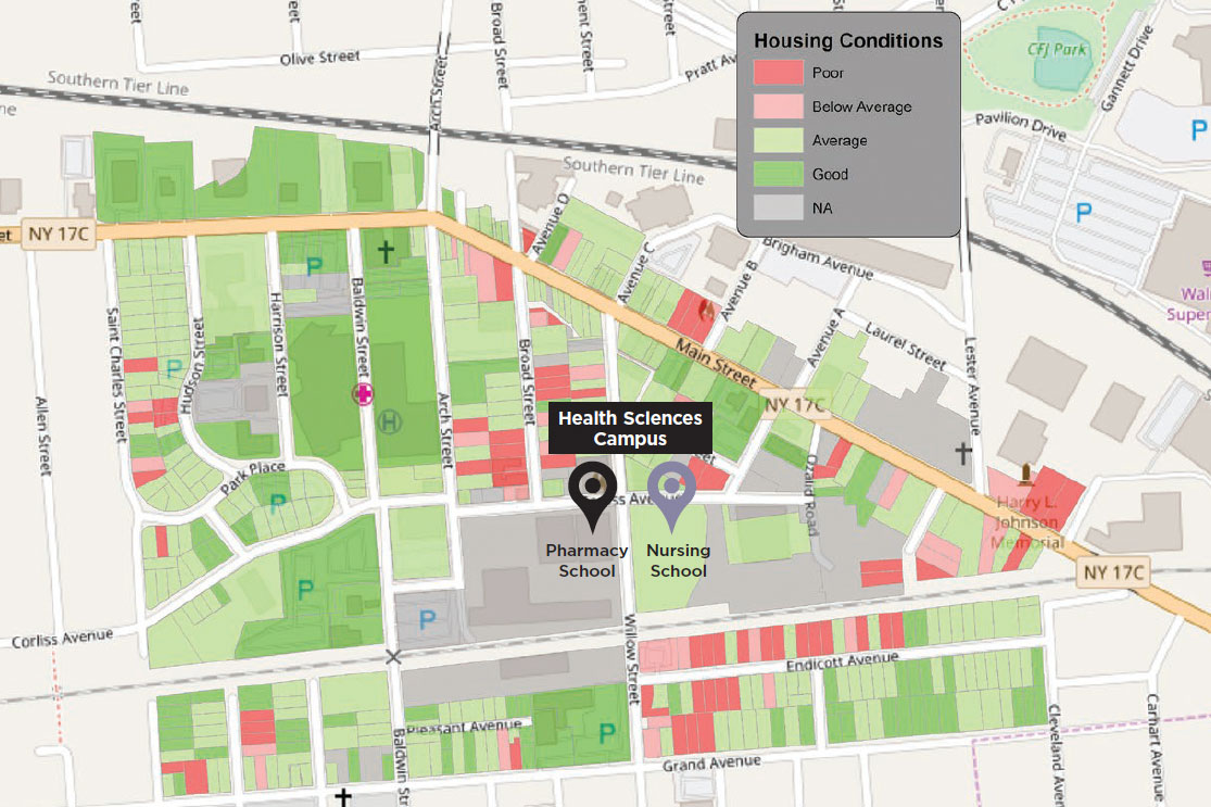 The study area surrounds the Health Sciences Campus. A series of maps show demographics, crime reports, property values, land use and more.