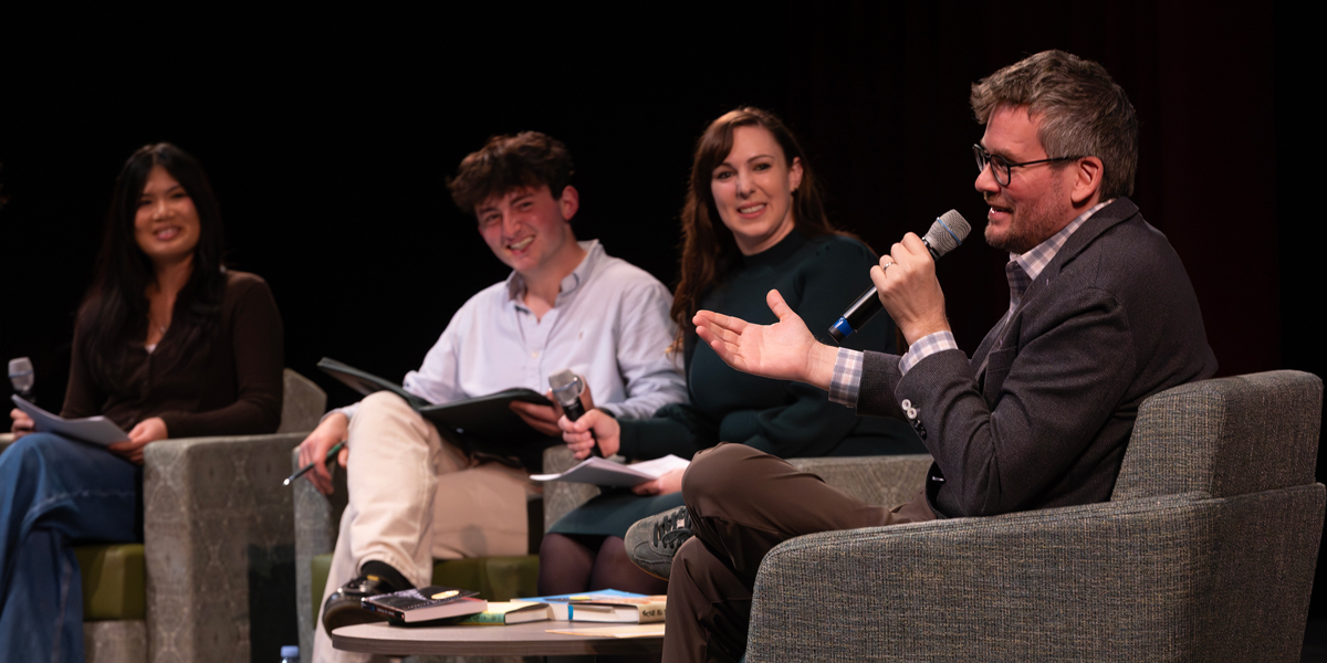 Bestselling author John Green spoke to a full house in the Anderson Center's Osterhout Concert Theater on Nov. 7 as part of the Distinguished Speaker Series, sponsored by Campus Activities and the Student Association Programming Board. The conversation was moderated by Sarah Studenmund, the director of the Writing Studies Minor and a lecturer in the Writing Institute at Binghamton University; Atticus Fauci, Student Association vice president for programming; and Katelyn Pothakul, Student Association Programming Board insights chair.