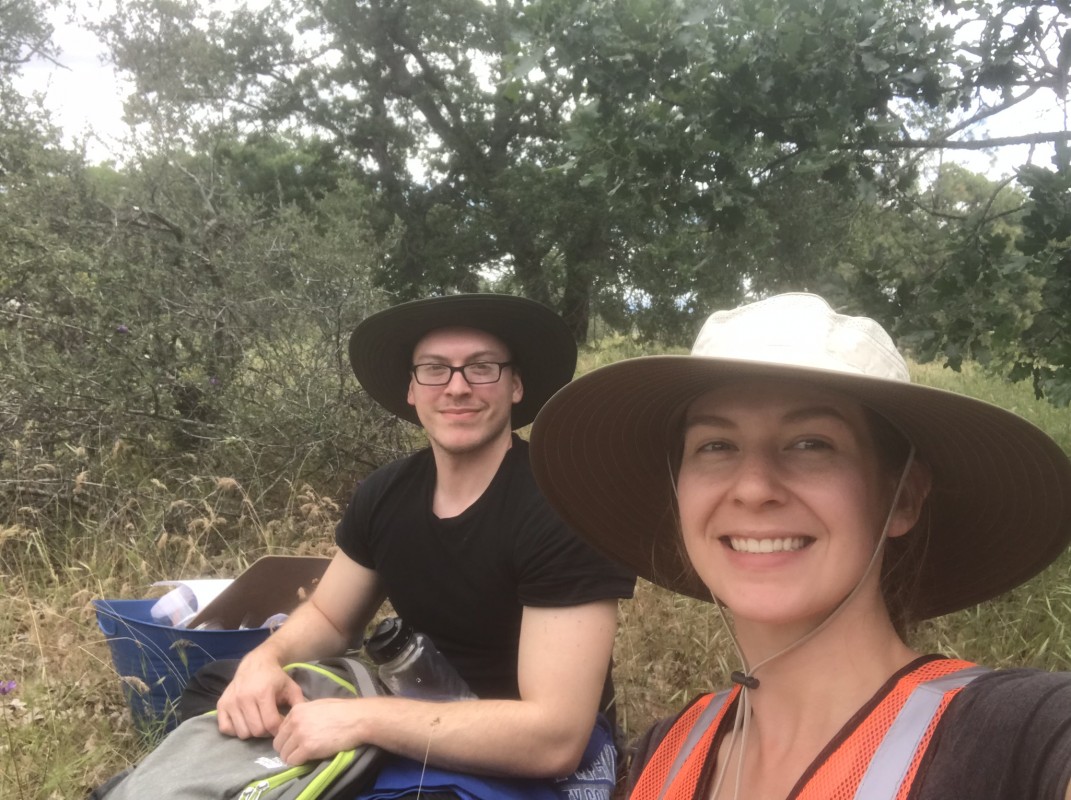 Doctoral candidate in biological sciences Dylan Jones and  Assistant Professor of Biological Sciences Kirsten Prior conduct research in a West Coast oak savanna.