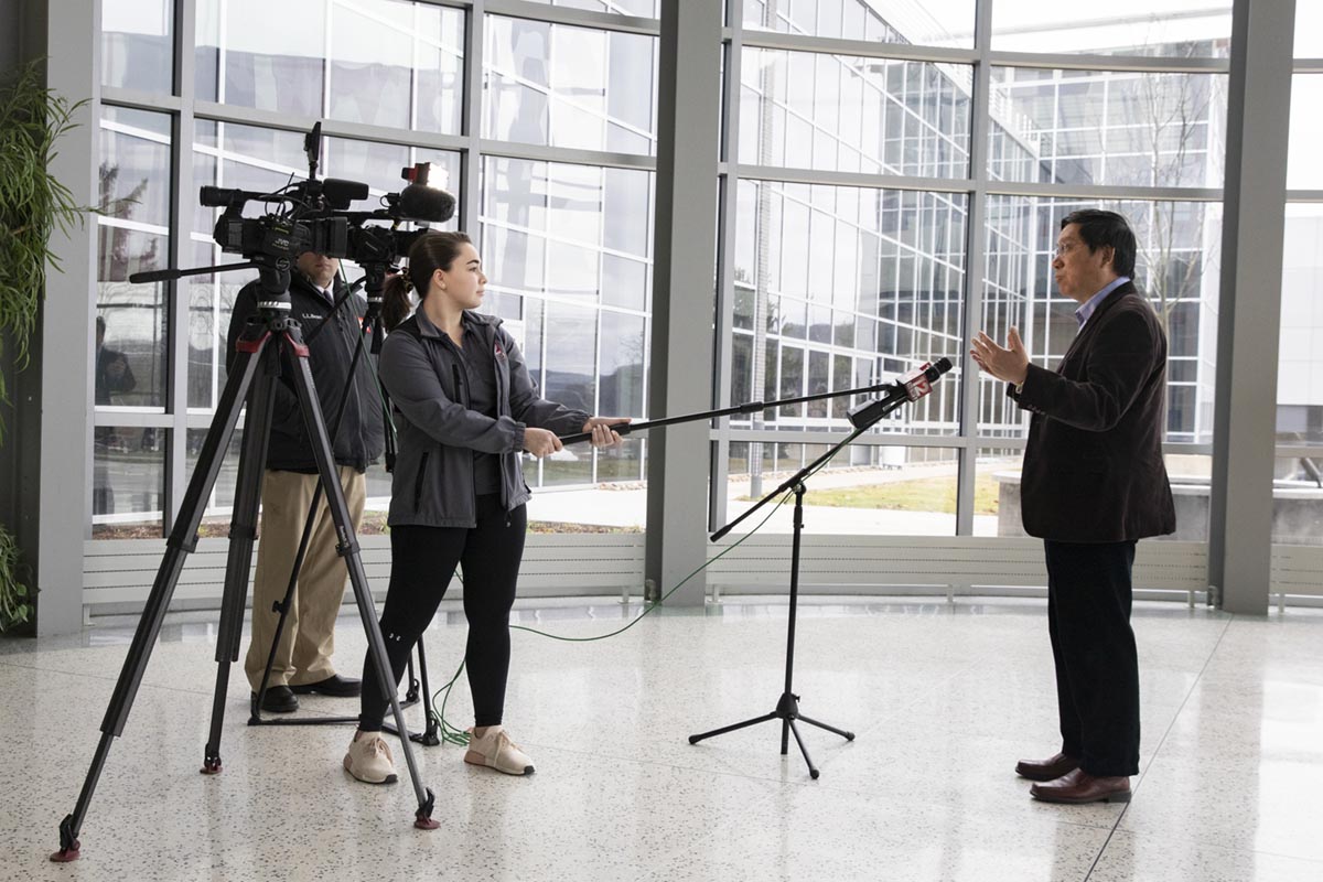 Professor Kaiming Ye, chair of the Department of Biomedical Engineering at the Watson School, talks with the media last month about  the ultraviolet sterilization stations that he and his team have developed to aid the fight against COVID-19.