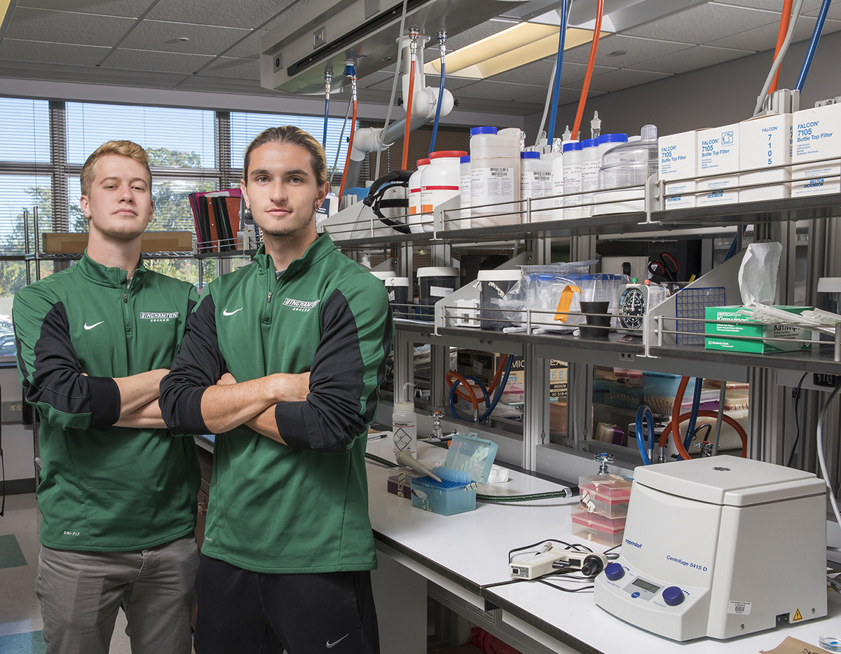 Varsity soccer players Mike Kubik (left) and Zach Galluzzo (right) are key pieces of the regionally ranked men's soccer program. They also are excelling in the classrooms and labs within the demanding field of biomedical engineering.