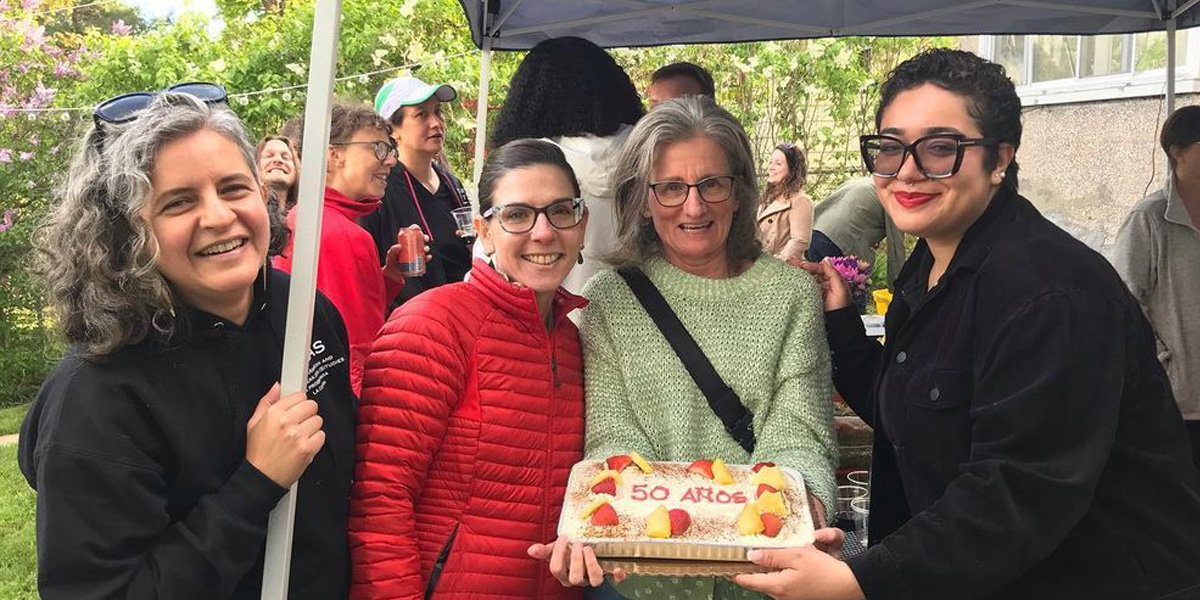 LACAS celebrates its 50th anniversary on campus with Giovanna Montenegro, LACAS director; Sandra Casanova-Vizcaino, LACAS interim director; Nancy Appelbaum, professor of history and former LACAS director; LACAS alum and former graduate assistant, Amiya Castro, ’22