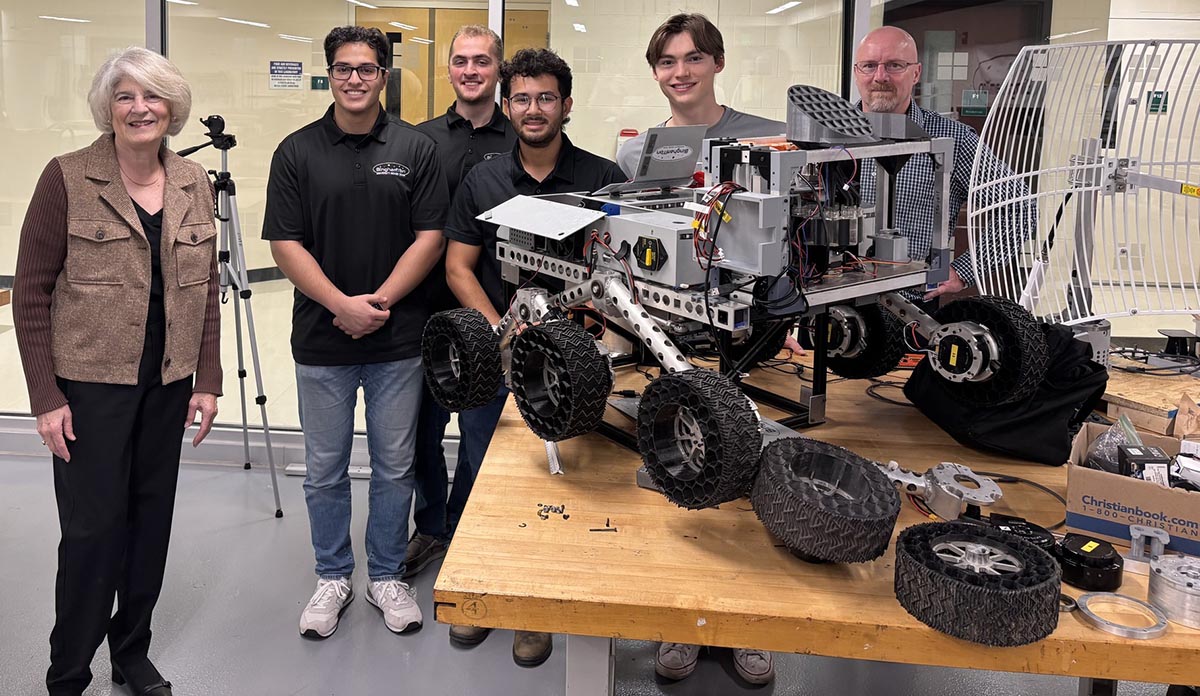 Geraldine MacDonald met with members of the Binghamton University Rover Team and their advisor, Distinguished Professor Douglas Summerville, at Homecoming 2025.