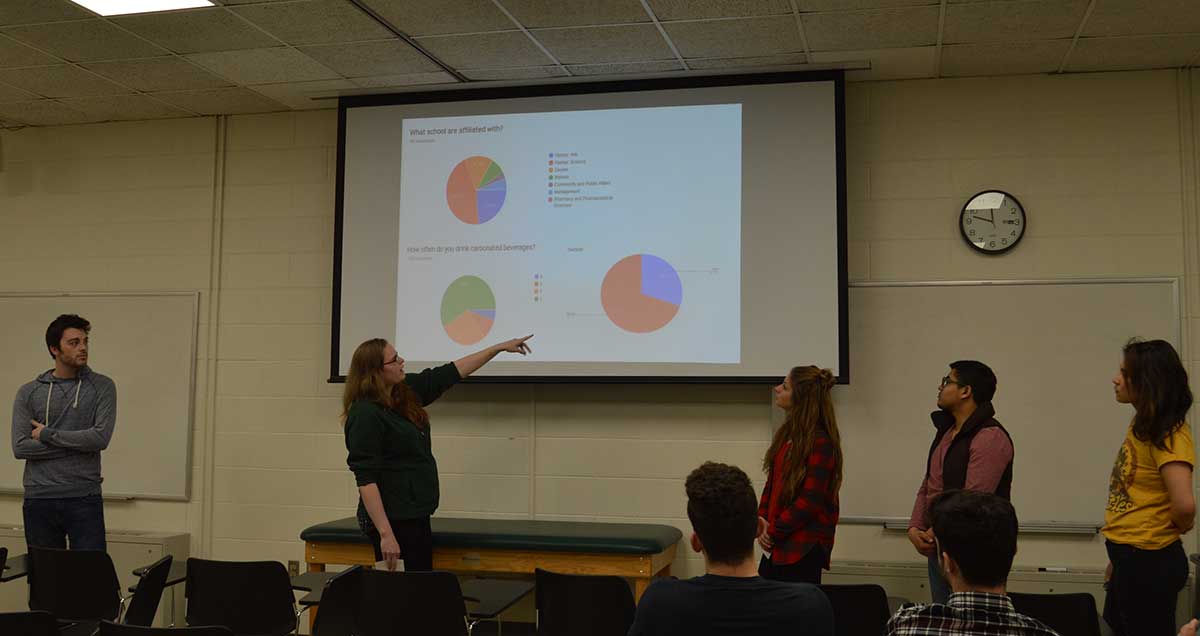 Binghamton undergraduate students (from left) Andrew Bremer, Maegan McNamara, Kaylee Stone, Sanzidul Haque and Jenni Li present the findings of their course-based undergraduate research experience project to their classmates.