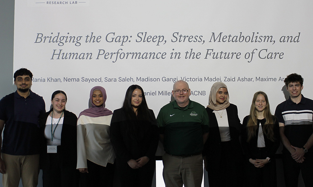 Faculty and student-researchers from the Metabolic and Exercise Physiology Lab gave the closing keynote address during Decker College Research Days. From left are Zaid Ashar, Madison Gangi, Nema Sayeed, Rania Khan, Daniel Miller, Sara Saleh, Victoria Madej, and Maxime Argenson.