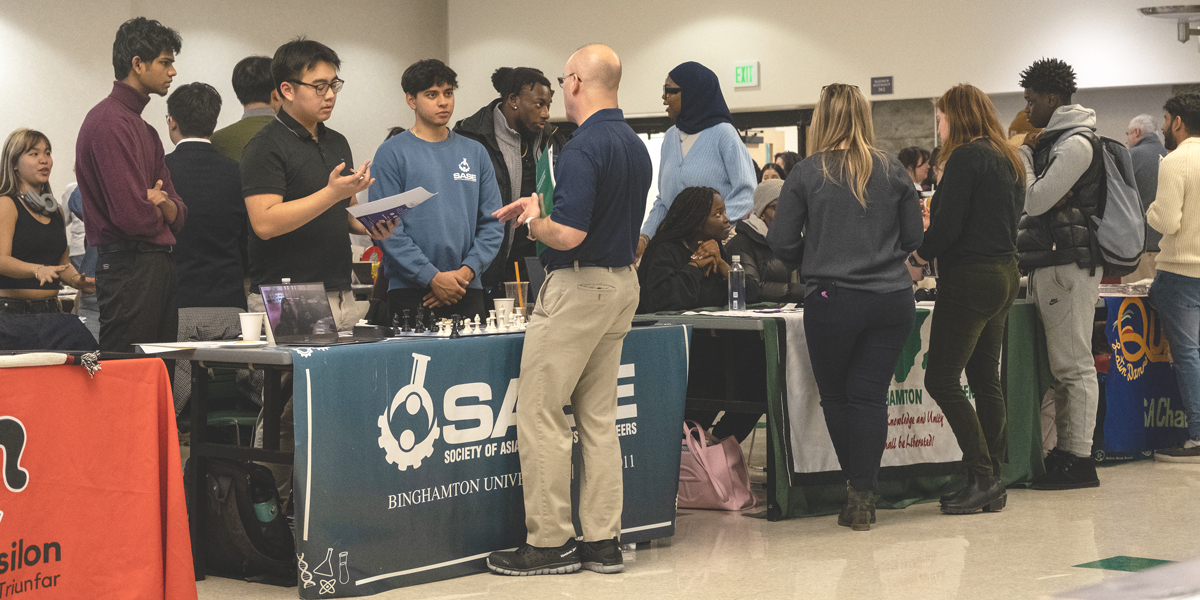 Student organizations, including the Society of Asian Scientists and Engineers, tabled at the Fleishman Career Center's Multicultural Career Fair Flip in early February 2023.