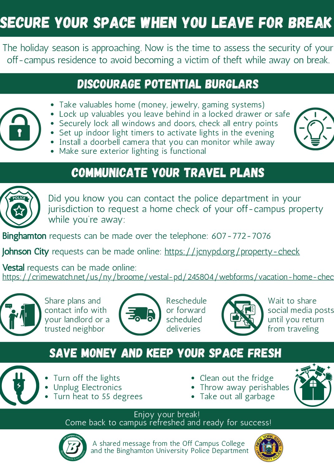 The crime prevention flier that was created by the Off-Campus College and sent out to Binghamton University students living in the City of Binghamton.