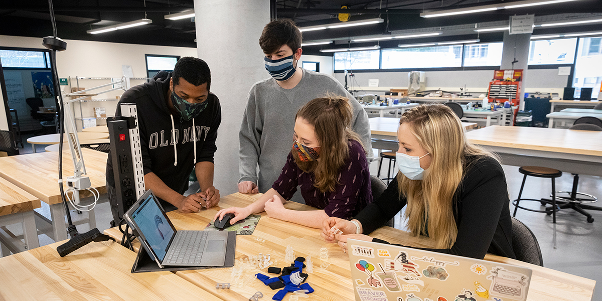 Watson College students (from left) Nasiah Brown, Ben Wolin, Angelina Mitchell and Melanie Lyons used 3D printing to create an orthosis.