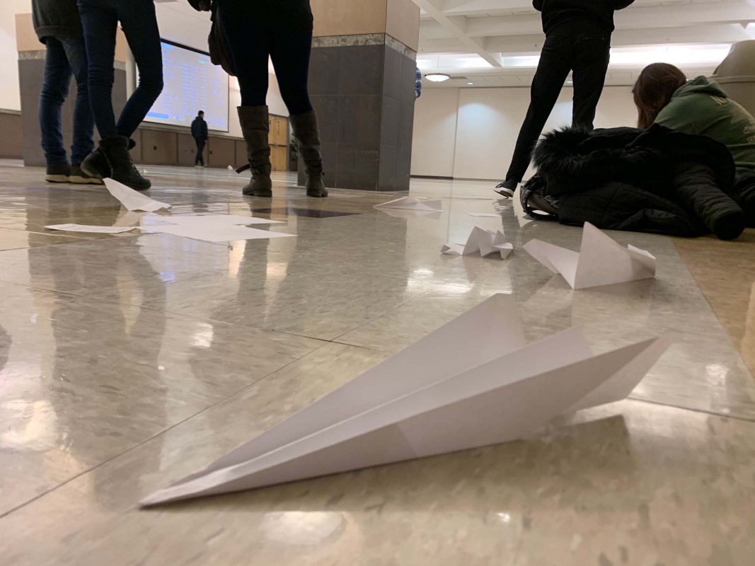 A paper plane-making competition was held on Feb. 19 as part of Engineers Week at the Thomas J. Wataon School of Engineering and Applied Science.