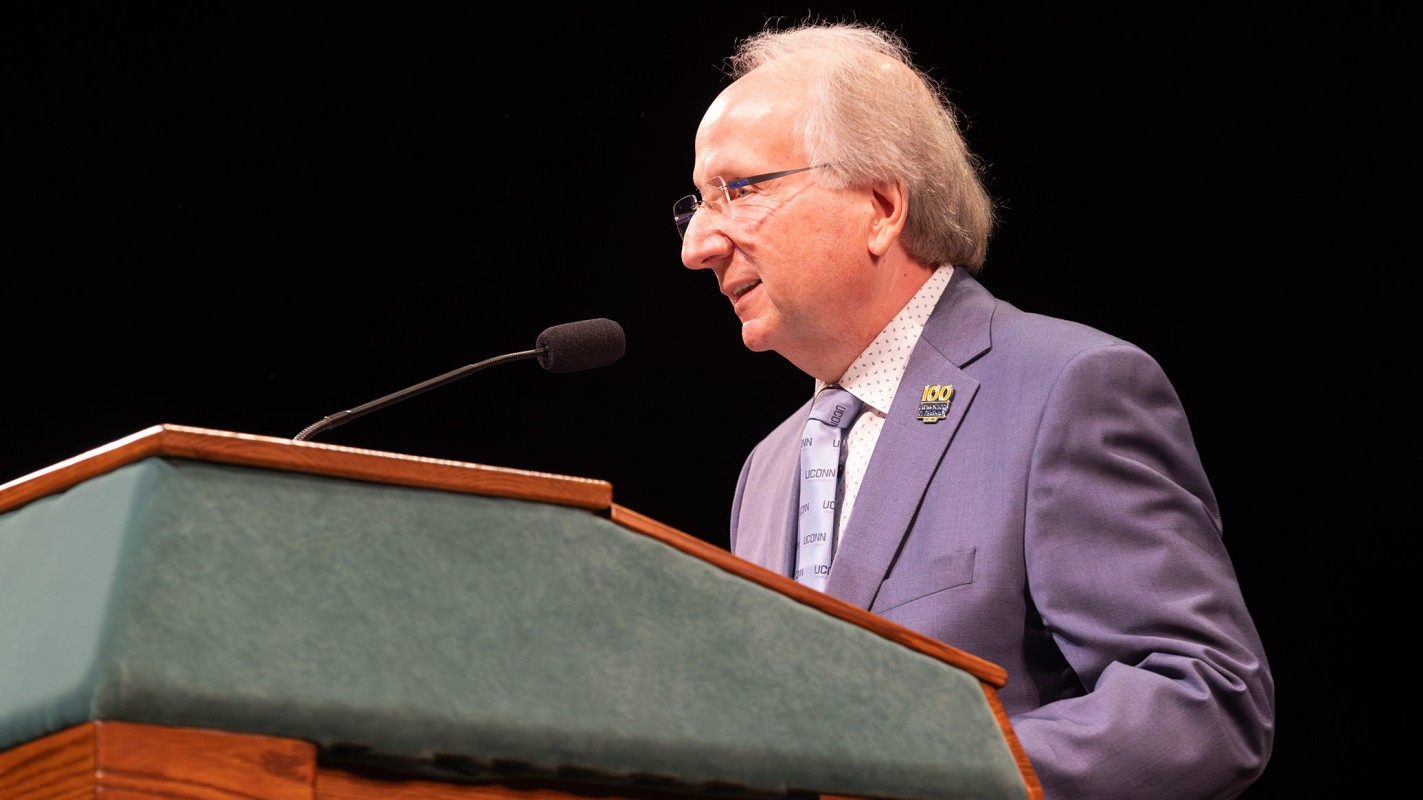 Keynote speaker Philip Hritcko, dean of the University of Connecticut School of Pharmacy, delivers his speech to the audience during the 2025 White Coat Ceremony.