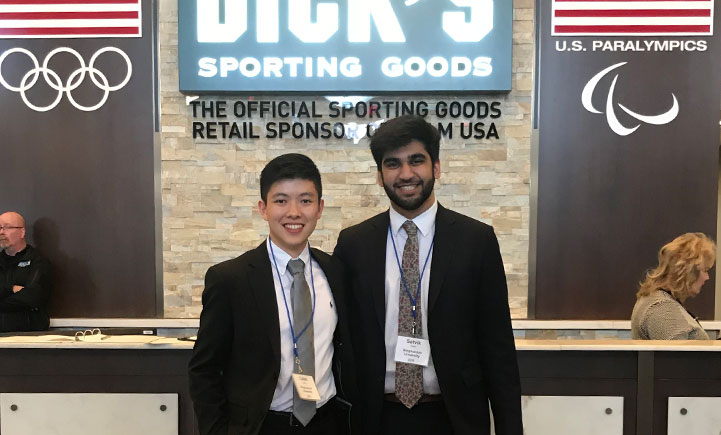 Caleb Jiang (left) and Satvik Sethi (right) at Dick's Sporting Goods company headquarters.