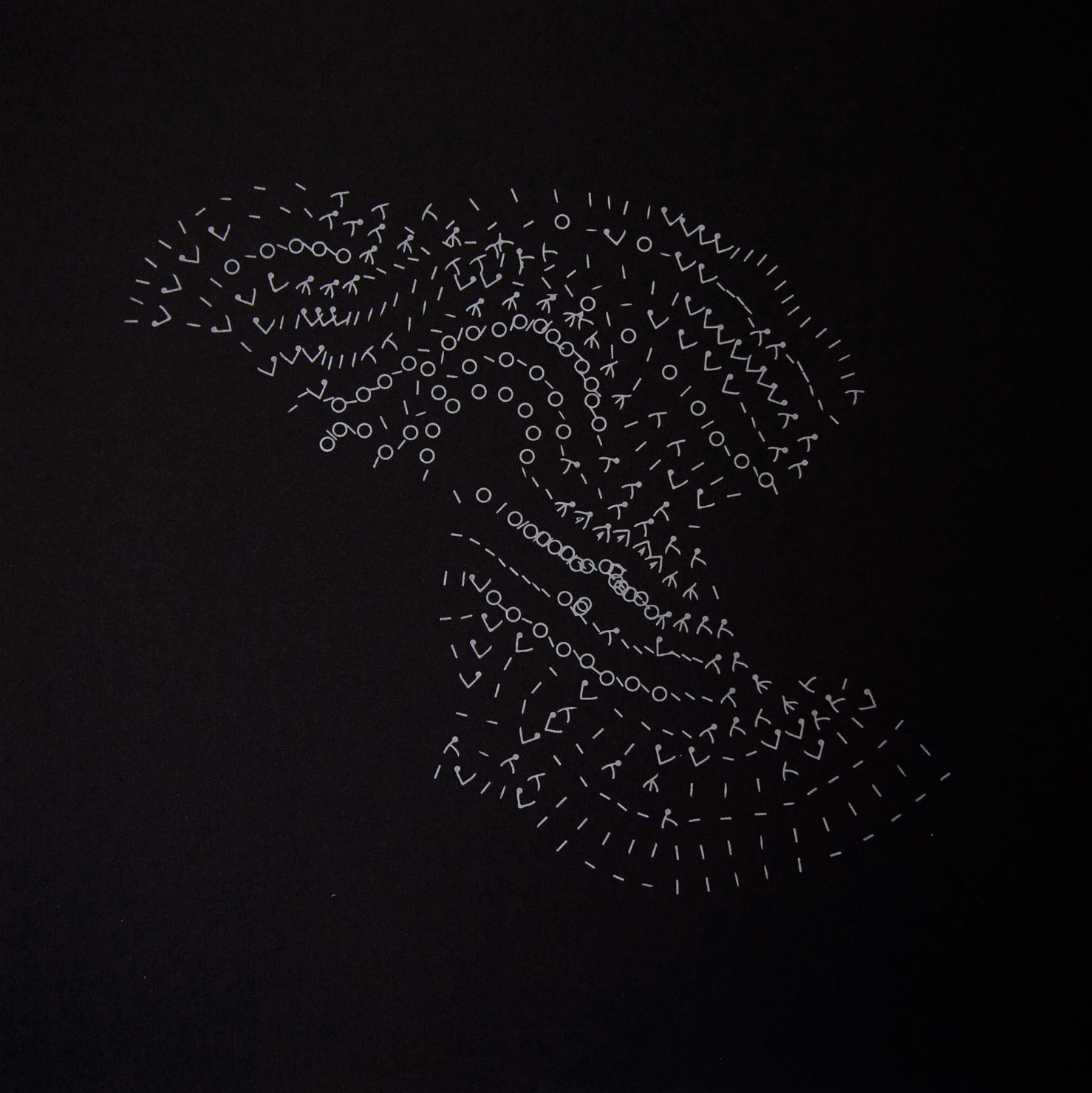 points of rupture (alaska glacial event 1999), 2020 letterpress print of knitting pattern coded using cryoseismic data, edition of 15 18 x 18 in.