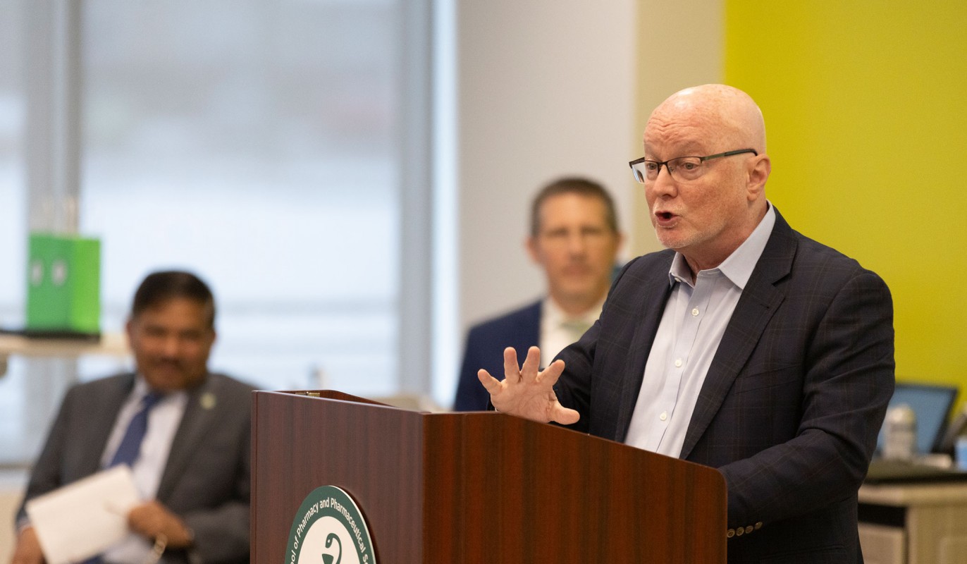 Provost and Executive Vice President for Academic Affairs Donald E. Hall addressing the crowd during the Pharmacy Technician Program graduation.