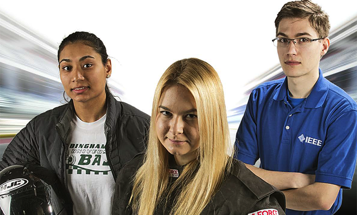 From left to right: Baja team captain
Fatima Shamsuddin, Formula Hybrid team captain Anna Domagala and IEEE president Sam Stone.