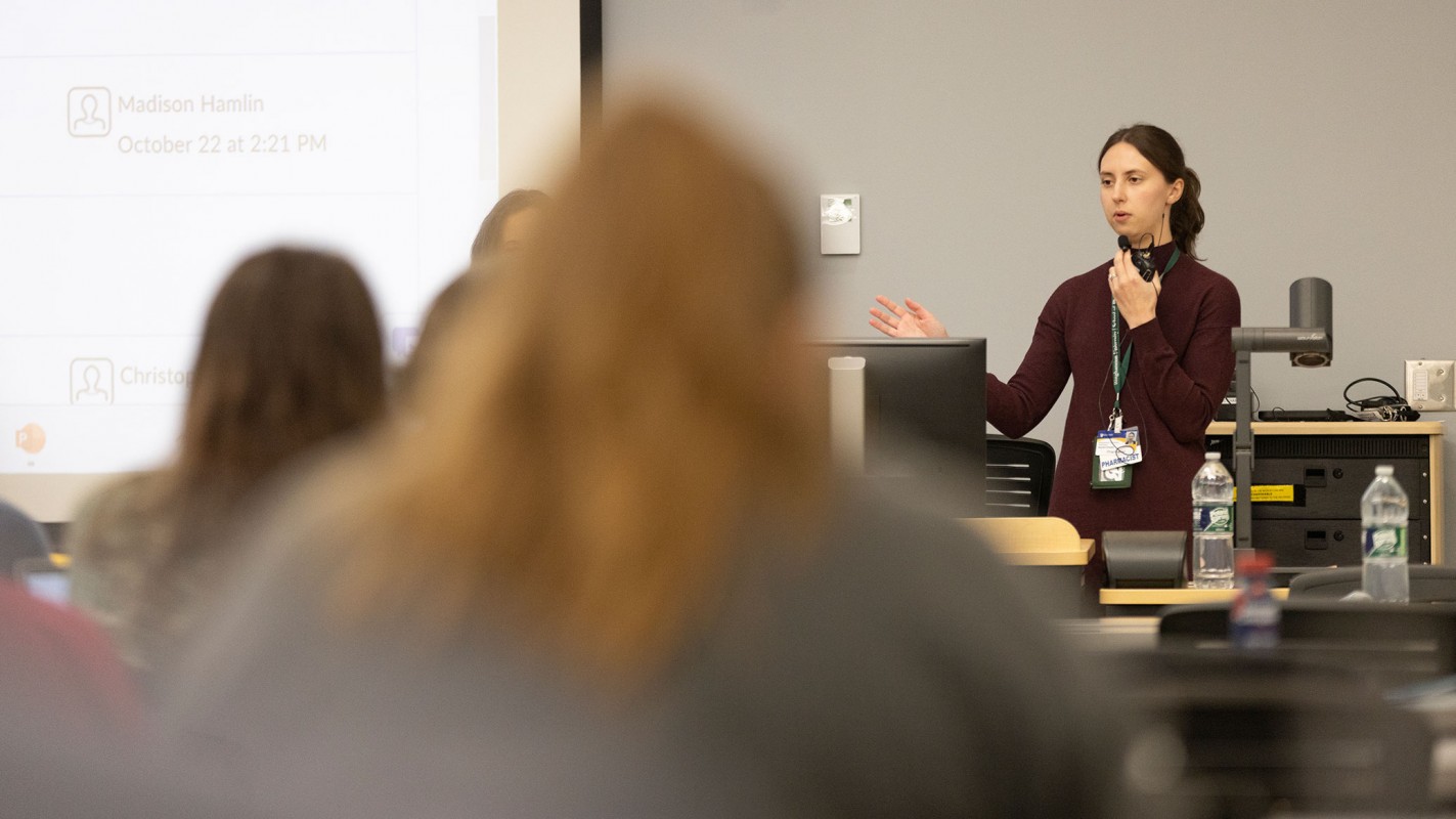 Rachel Lucas speaking to students during a TRUST event held at the Decker College of Nursing and Health Sciences.