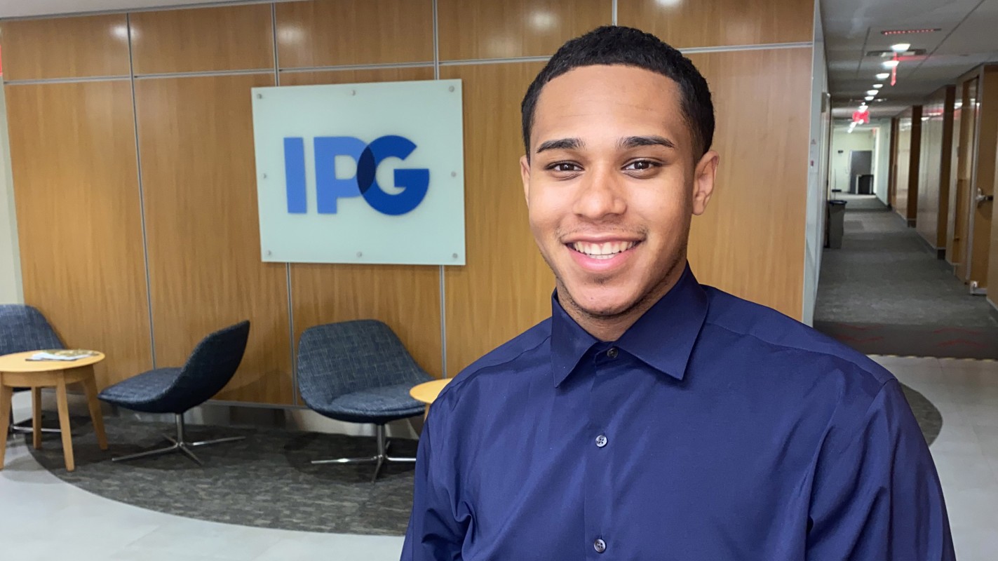 Roman Solano ’22 in the office of InterPublic Group, where he interned through the Harpur Law Council’s new Private Sector Law Internship Program.