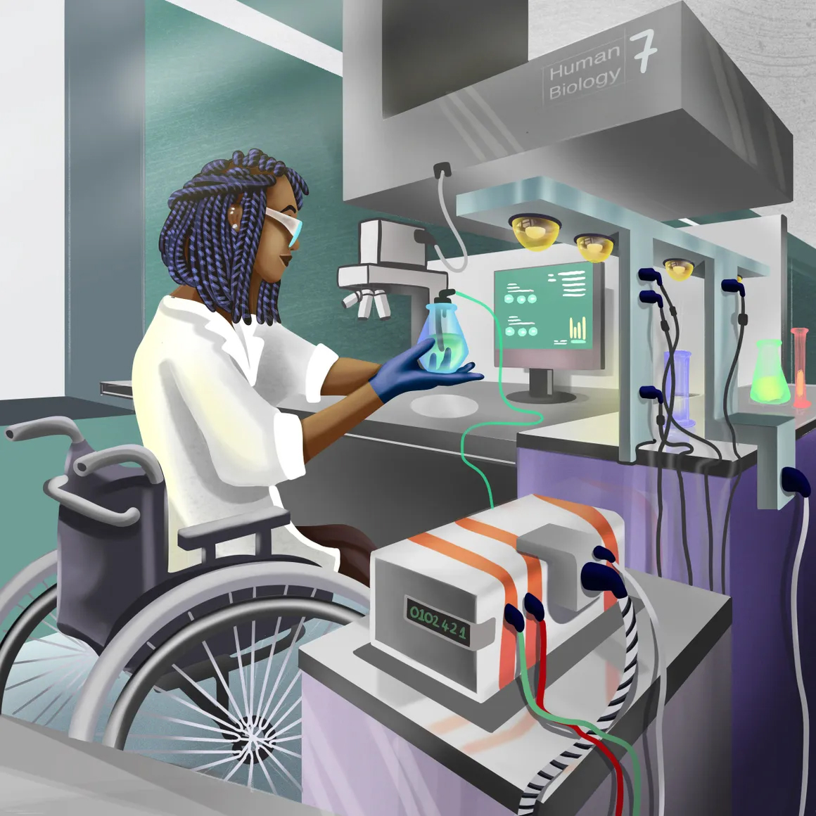 A graphic depicting a woman conducting research in a biological anthropology lab.