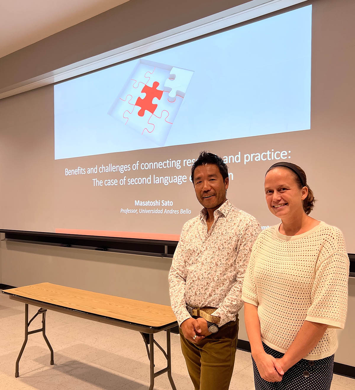 Assistant Professor Lieselotte Sippel, right, invited second language researcher Masatoshi Sato to speak about his work at a recent lecture.