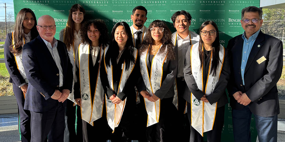 Pictured at the Watson College Scholars Program year-end reception are, from left, Jenylee Diaz Munoz, Provost Donald Hall, Isabella Vidal, Thiara Lantigua, Jessica Chen, Bryan Cabrera, Chloe Redd, Juan Gallardo Vidal, Jenylee Diaz Munoz, and Watson College Dean Atul Kelkar.
