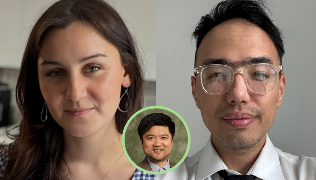 Integrated neuroscience undergraduate Andrianna Poznahovska and rising P3 PharmD student Prince Karmacharya; Assistant Professor of Pharmaceutical Sciences Yuanjun “Steve” Shen