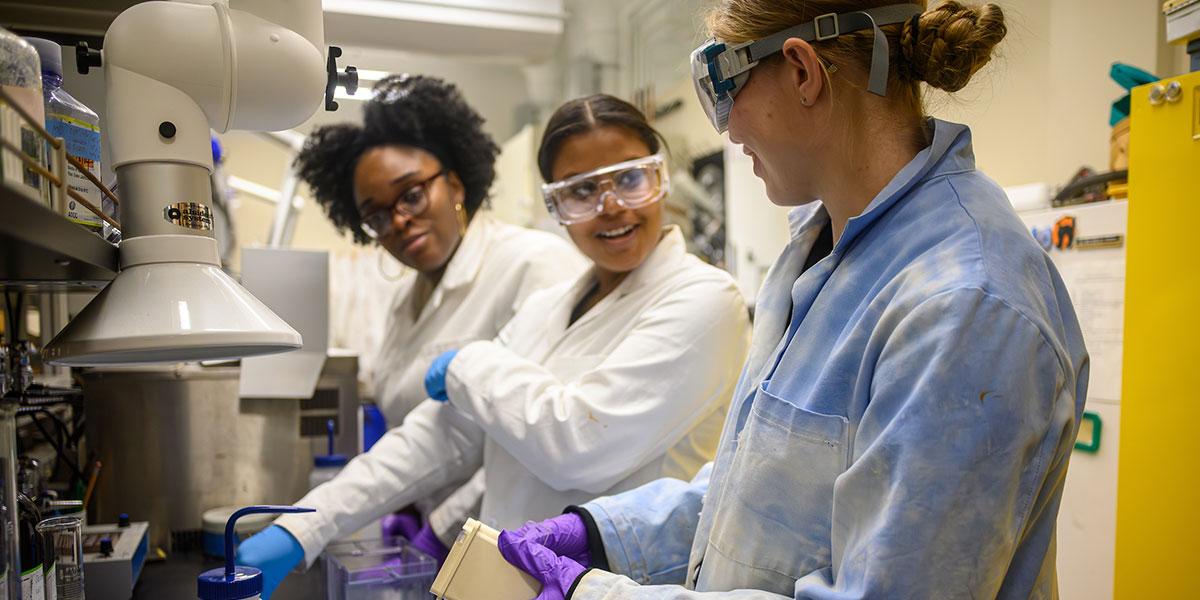 Binghamton University is a dynamic center of research activity, with discoveries and innovation brought about by faculty as well as students. Pictured here are graduate students conducting research this past April in a chemistry lab in the Smart Energy Building of the Innovative Technologies Complex.