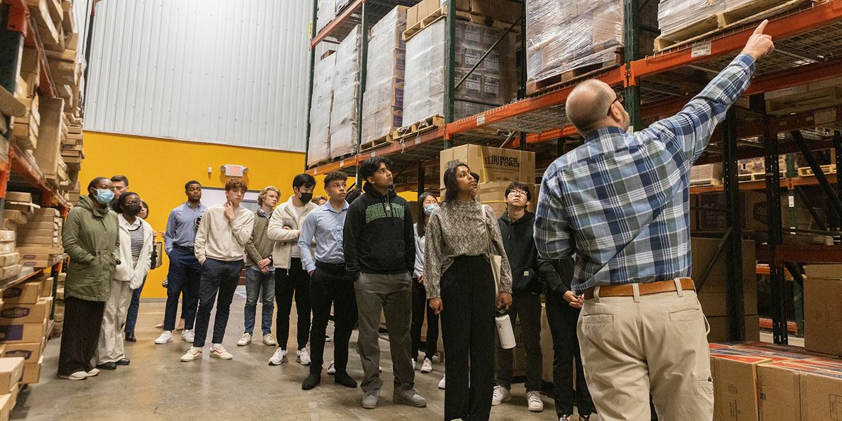 Students in SOM's Transformational Leaders Program take part in an industry visit at Cleaner's Supply and WAWAK Sewing Supplies in Conklin, N.Y in April 2022.