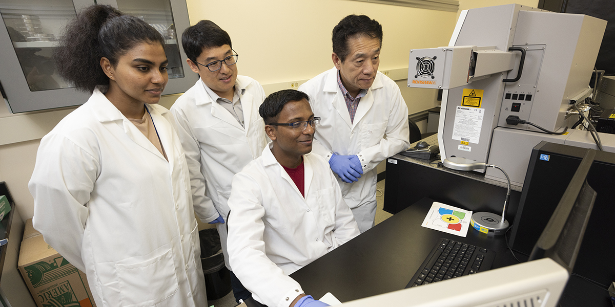 Researchers from Binghamton University and Upstate Medical University are studying the underlying cause of hydrocephalus, a disorder where excess cerebrospinal fluid in the ventricles of the brain compresses brain tissue. From left are Upstate Medical student Adithi Randeni; Watson College Assistant Professor Fake 