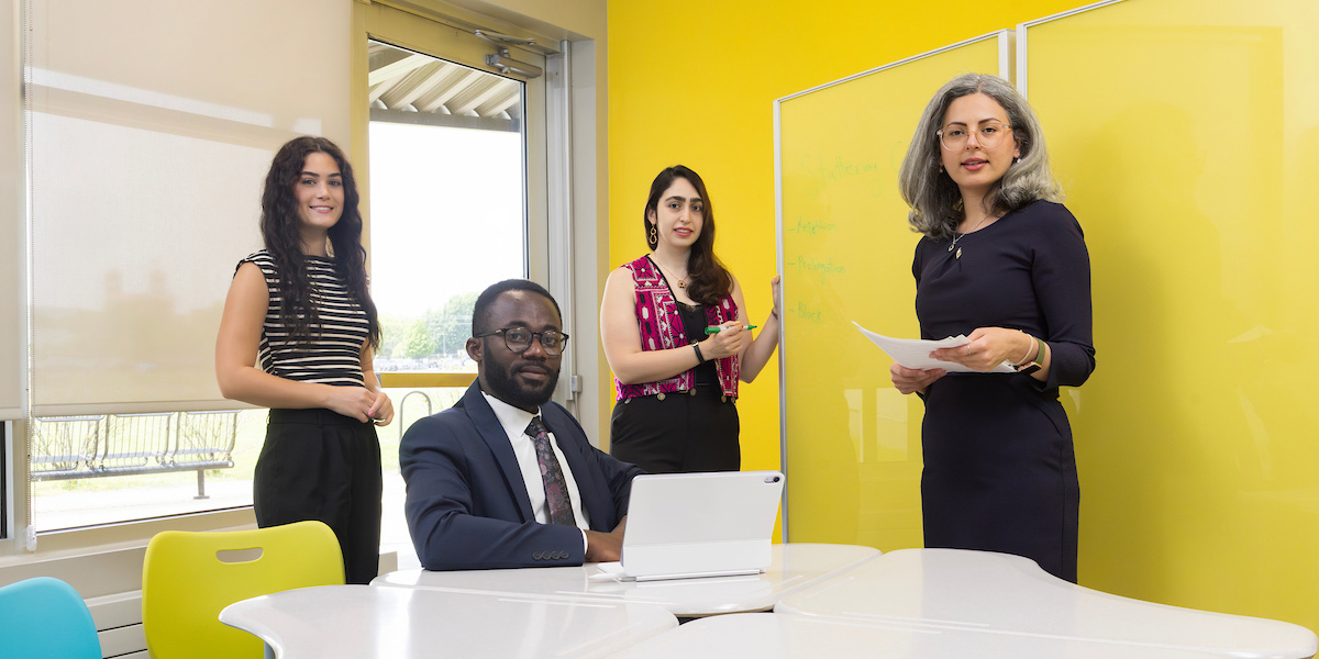 Graduate students Mallory Beard, Emmanuel Kwaku Addo, Kiana Tanghatar and Ladan Khoshbin (from left) provided speech therapy as part of Decker College’s intensive, virtual clinic for adolescents and adults who stutter. The first-of-its-kind clinic was offered in summer 2025.