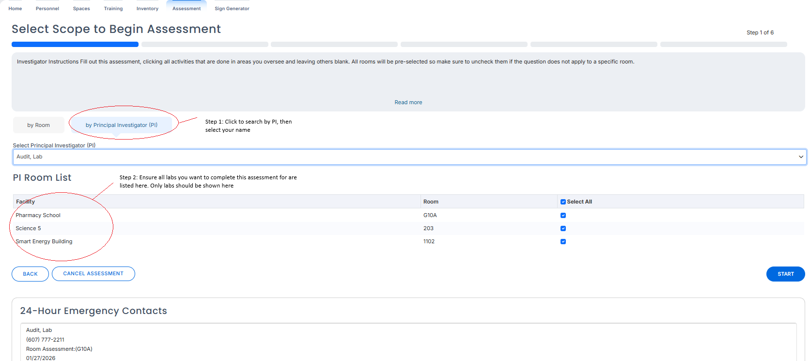 Assessments start page