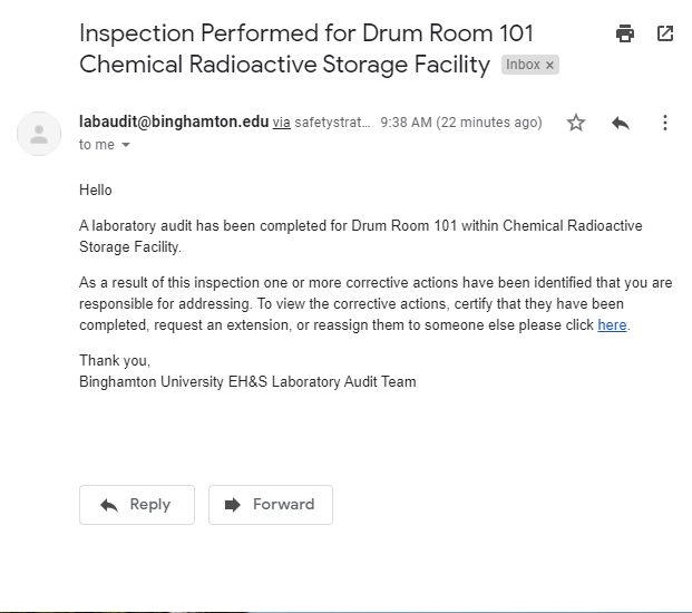 Email from LabCliq after an inspection has been performed
