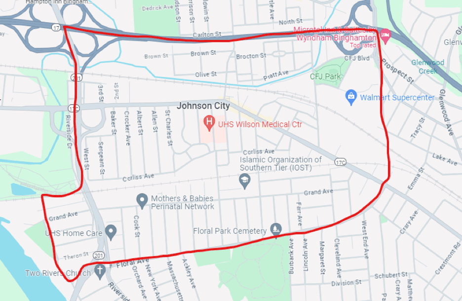 Here is a Johnson City, New York map. The area highlighted on the map qualifies for this program. It is contained by Route 17 to the north, Floral Ave. to the south, Market Street to the east (border between Johnson City and the City of Binghamton/   Town of Dickinson), and Boland Drive/Route 21 to the west.