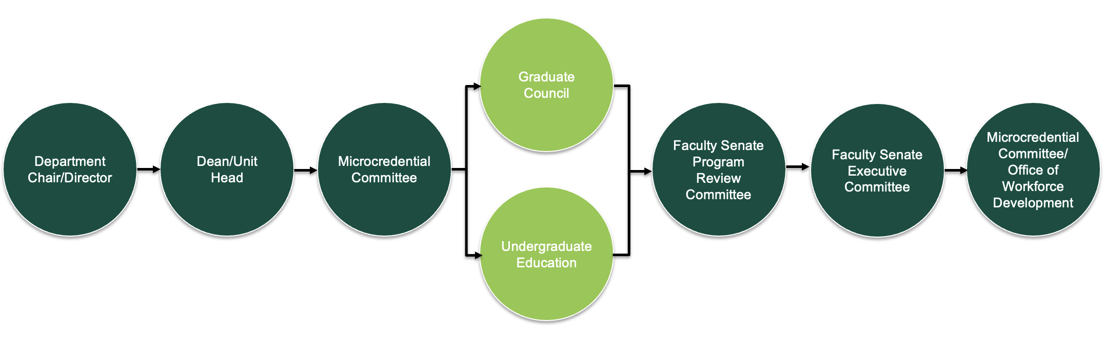 Department Chair/Director > Dean/Unit Head > Office of Microcredentials (initial review) > Graduate Council (for graduate microcredentials) OR Undergraduate Education and Enrollment (for undergraduate microcredentials) > Faculty Senate's Educational Policy and Priorities Committee > Faculty Senate Executive Committee > Office of Microcredentials (final review)