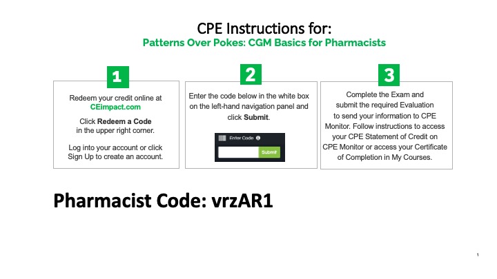 CPE instructions for Patterns Over Pokes: CGM Basics for Pharmacists