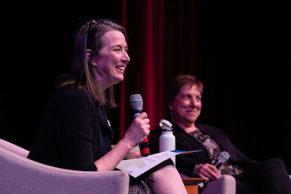 President Anne D'Alleva, joined by Harpur College Dean Celia Klin, meets faculty and staff.