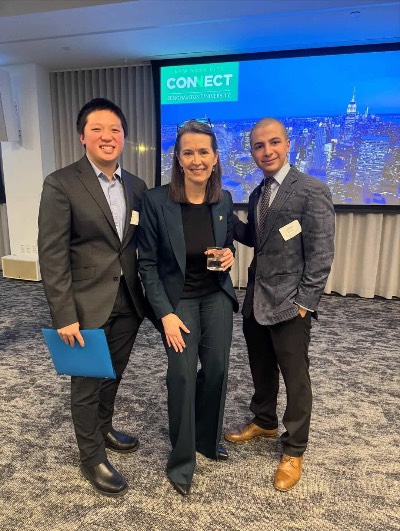 President Anne D'Alleva meets with alumni at a networking event in New York City on Jan. 12, 2026.