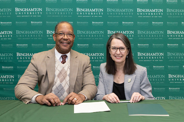 SUNY Broome President Tony Hawkins (left) and Binghamton President Anne D'Alleva (right) at a signing for a engineering transfer agreement. SUNY Broome President Tony Hawkins (left) and Binghamton President Anne D'Alleva (right) at a signing for a engineering transfer agreement.