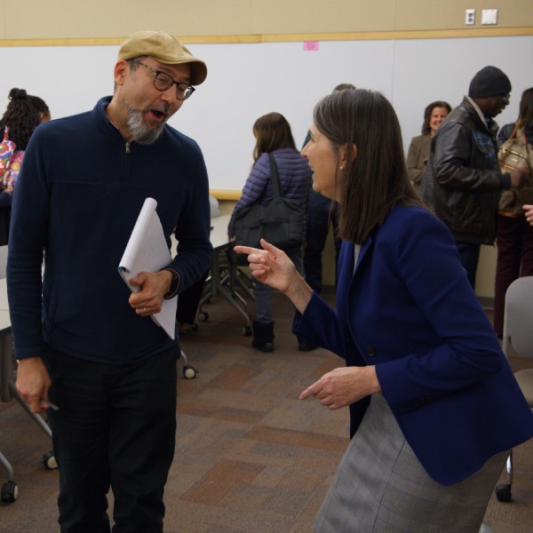 President Anne D'Alleva meets with College of Community and Public Affairs faculty